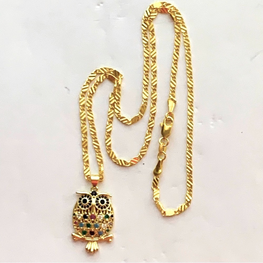 Gold & Multi Color Jeweled Owl Pendant Necklace - Picture 2 of 4